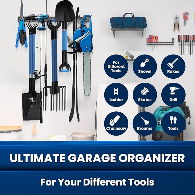 Garage Storage, Garage Organization, Garage Tool Organizer Wall Mount, Garden Tool Organization and Storage 32.1 Inches, Max 300lbs Adjustable Metal Hooks, Hangers Garden Yard Tool Rack,
