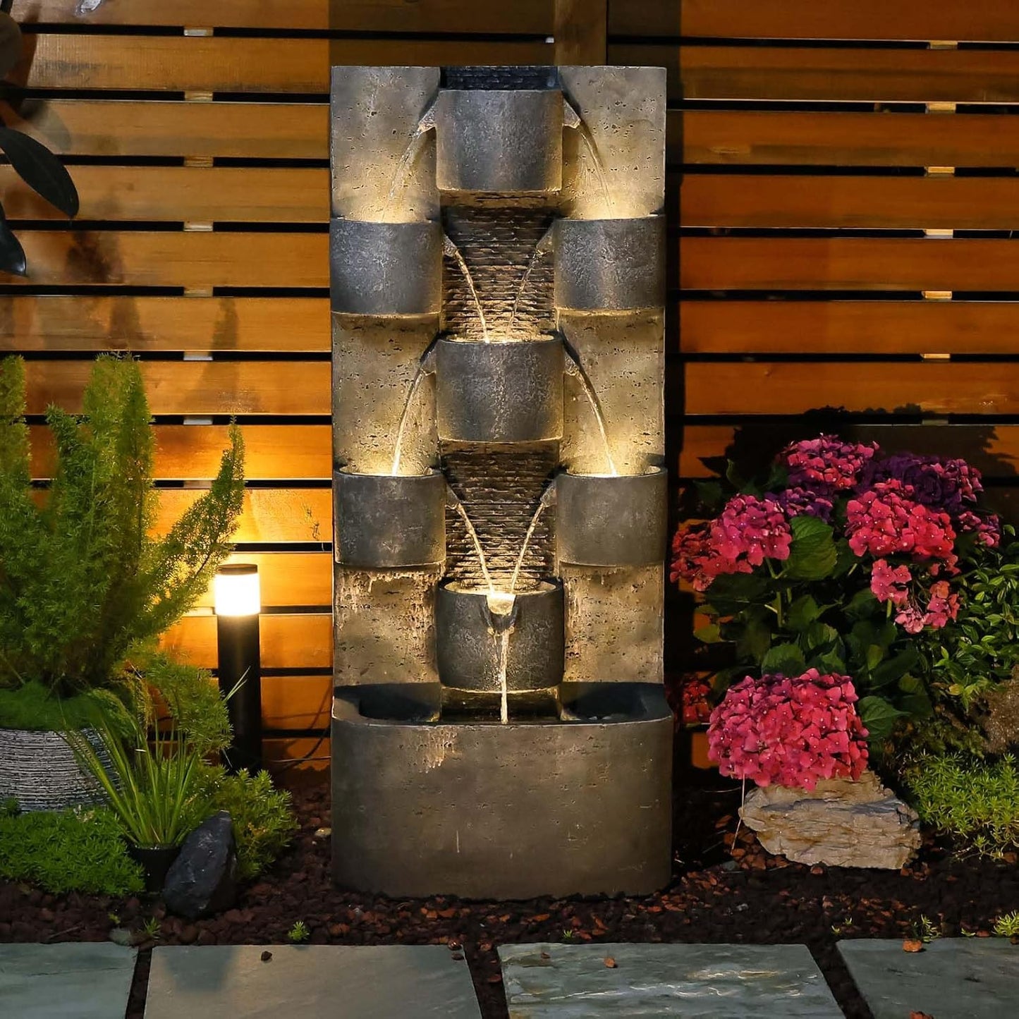 44.8" H Modern Outdoor Water Fountain with LED Lights and Pump, Mutiply-Tier Standing Cascading Waterfall - Modern Design for Garden,Patio,Yard, Multi-Level Outdoor Decor (Gray)