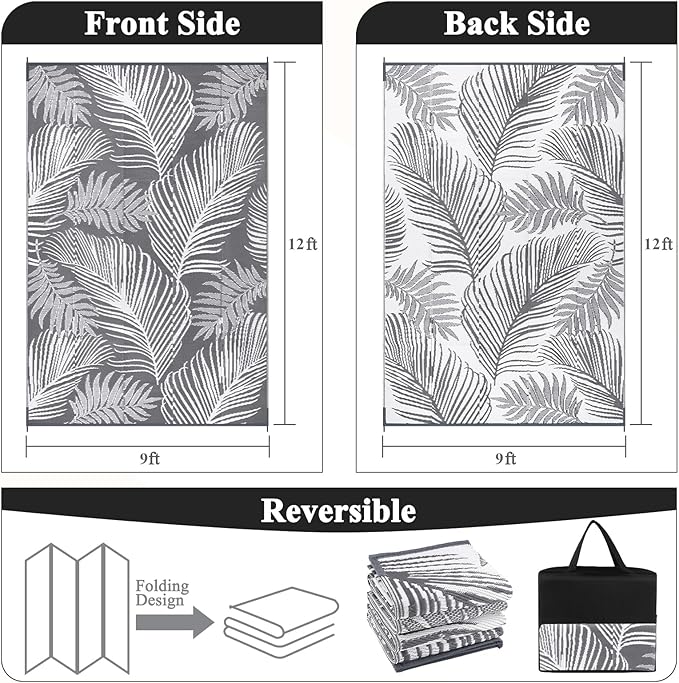 Pauwer Waterproof Outdoor Rug 9x12, Reversible Plastic Straw Patio Camping Rug, Indoor Outdoor RV Mat Carpet for Deck, Camper, Porch, Balcony, Backyard, Picnic, Leaf Grey