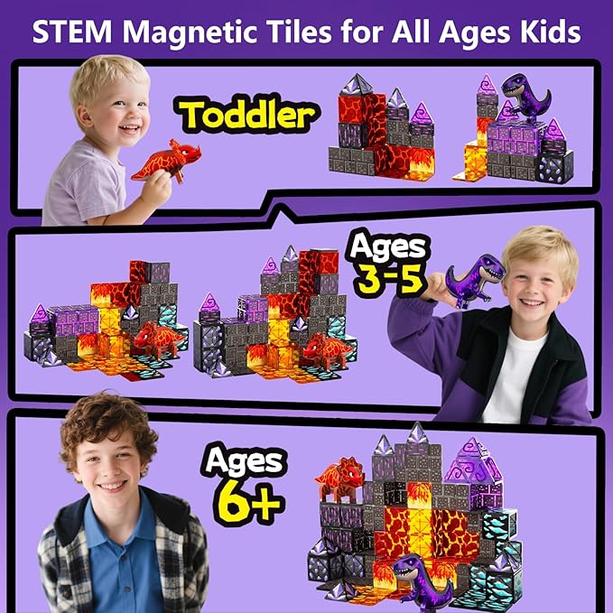 GobiDex Dinosaur Toys Magnetic Tiles Lava Cave Dinosaur World Set - Magnetic Blocks Building Toys for Kids 3-5 4-8, STEM Sensory Toddler Birthday Gifts for Boys Girls Age 3+ Year Old