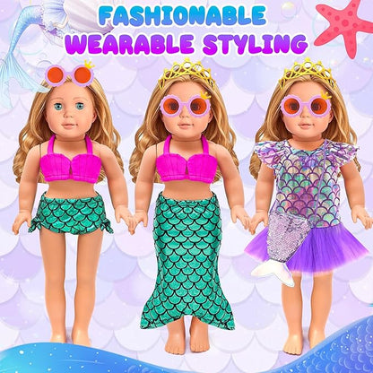 American 18 Inch Doll Makeup Accessories and Travel Set Mermaid, Including Purple Suitcase Luggage Dress Eye Shadow Lipstick Eyelash Brush Dolls Travel Gear Play Set Gift for Birthday (NO Doll)
