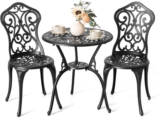 NUU GARDEN 3 Pieces Patio Bistro Set, Outdoor Bistro Set with 2 Chairs, Round Table with Umbrella Hole, All-Weather Outdoor Patio Bistro Set for Garden, Lawn, Poolside, Porch, Black