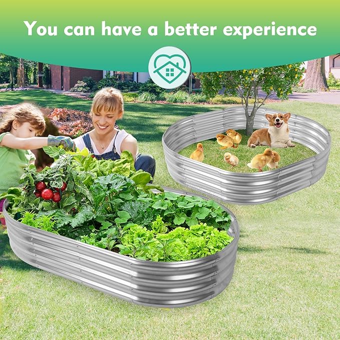 60X32X12 Inches Oval Galvanized Metal Garden Raised Bed/Plant Box for Planting,32 Inches Diameter Iron Fire Pit Ring,Small Animal Fence-3 in 1 Modular Design in Silver (5X2.7X1 FT, Oval)