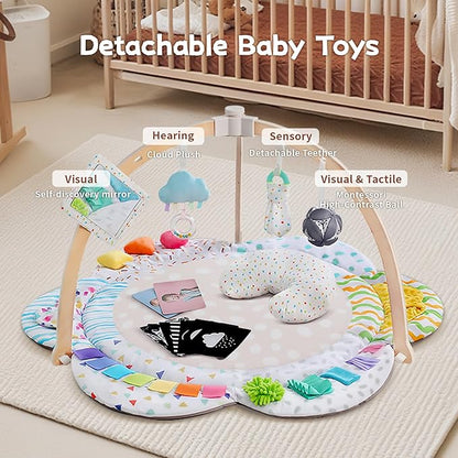 Baby Play Gym & Activitiy Mat, Upgraded 6 Developmental Zones, Tummy Time Mat with Sensory Toys for Motor Skill & Sensory Development, Essentials Shower for Baby
