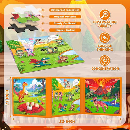 3 in 1 Magnetic Dinosaur Puzzles for Kids Ages 3-5, 3x20 Pieces Puzzles for Toddlers 4-6, Car Airplane Road Trip Activities Magnet Games Toys for 3 4 5 6 Year Old Boys