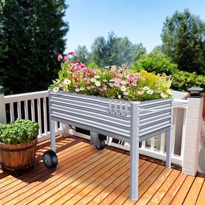 Galvanized Raised Garden Bed with Legs, Metal Raised Planter Box with Drainage Holes Outdoor Elevated Garden Bed on Wheels for Backyard, Patio, Balcony