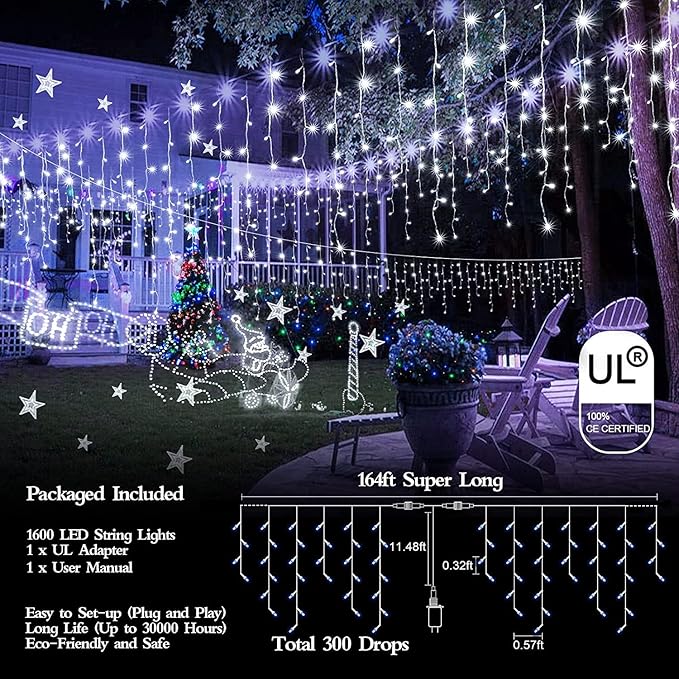 1600 LED 164FT Outdoor Christmas Lights Plug in 8 Modes with Timer Dimmable Christmas Decorations Waterproof Indoor Curtain String Lights for Roof Porch Garden Holiday Wedding Party Decor Cool White