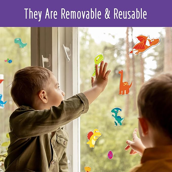 42PCS Dinosaur Jelly Stickers, Thick Window Door Clings Removable Reusable Gel Clings Decals for Kids Toddlers Adults Home Classroom Nursery Animal Theme Party Supplies (Not Edible)