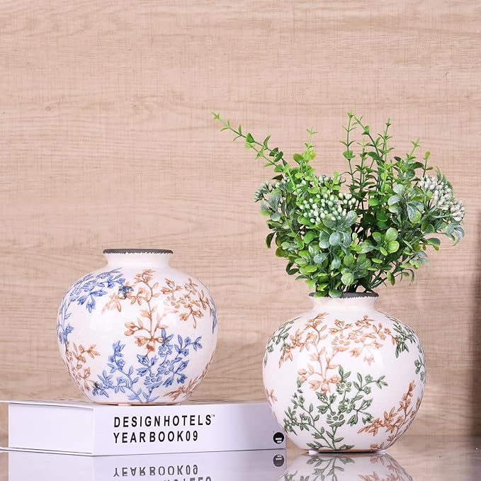 Green, White, and Brown Vintage Round vase, Chinese-Style Green Farmhouse Decorative vase, Suitable for Home Decor，Living Room, Dining Table, Office, Bookshelf, TV Cabinet, entryway Decor.