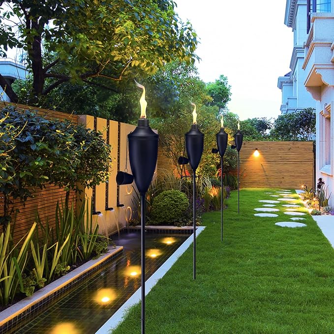 6 Pack Garden Torches for Outside， 22 oz Metal Citronella Torch with 3-Prong Grounded Stake, Perfect for Patio, Lawn, and Backyard Décor