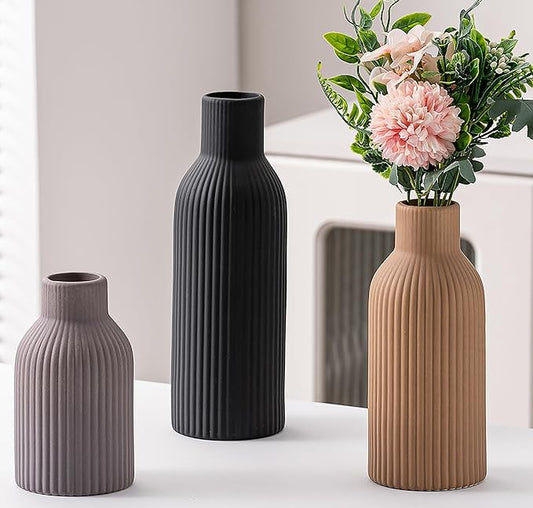 Ceramic Vase Set of 3, Flower Vases for Spring Room Decor, Kitchen Farmhouse, Modern Boho Style(Khaki/Black/Grey)