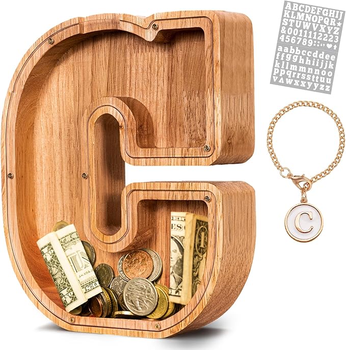 KMC Wooden Letter Piggy Bank, Personalized Initial Piggy Bank for Kids Boys, Clear Alphabet C Wood Money Box, Unbreakable Coin Saving Jar, Birthday, for Children