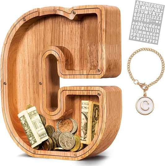 KMC Wooden Letter Piggy Bank, Personalized Initial Piggy Bank for Kids Boys, Clear Alphabet C Wood Money Box, Unbreakable Coin Saving Jar, Birthday, for Children