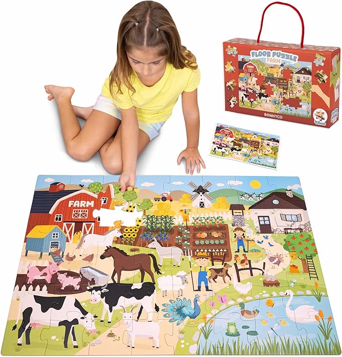 BONNYCO Giant Floor Puzzles for Kids of Farm Animals with 48 Large Pieces. Jumbo Puzzle 36.2 x 24.4 in, Gifts for Boys and Girls, Educational Kids Toys Ages 2-8