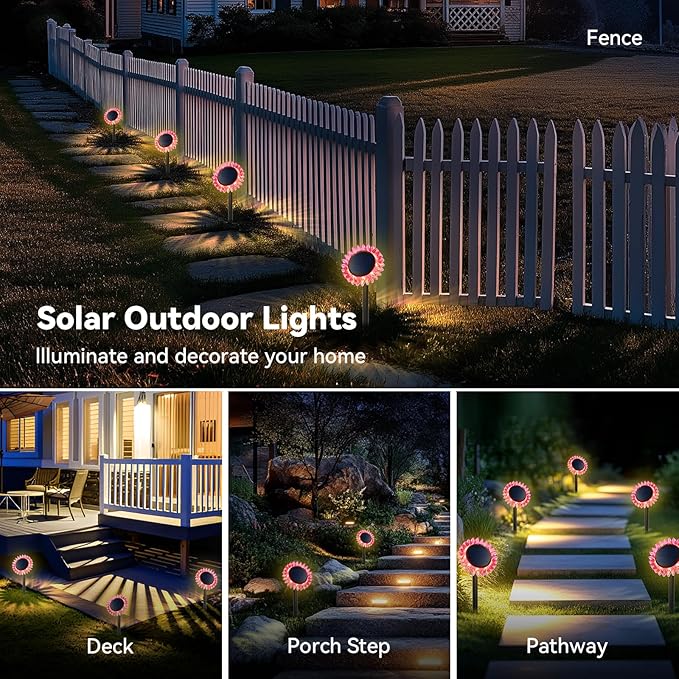Outdoor Solar Lights, 6 Pack Led Solar Sunflower Lights, Stake/Wall 2-in-1 Waterproof Solar Garden Lights for Yard, Landscape, Fence, Patio, Driveway, Pathway, Backyard Decoration (Warm White)