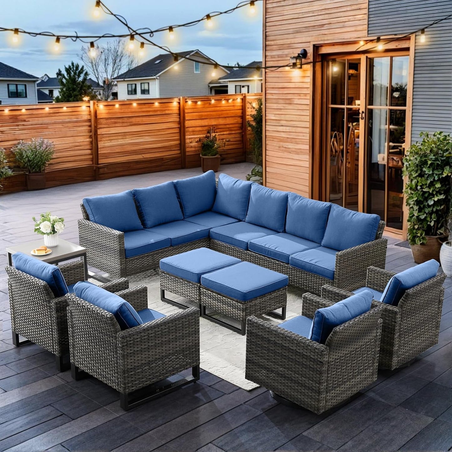 HUMMUH 9 Piece Patio Furniture PE Wicker 6-Seater Outdoor Sectional Sofa Patio Swivel Chairs,Outdoor Chairs with Ottomans Side Table for Porch,Garden,Backyard,Deck