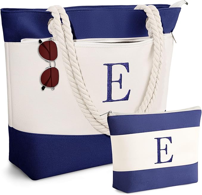 YOOLIFE Beach Bags for Women - Initial Tote Waterproof Bag with Makeup Bag, Mothers Day Gifts for Women Mom Friend Birthday