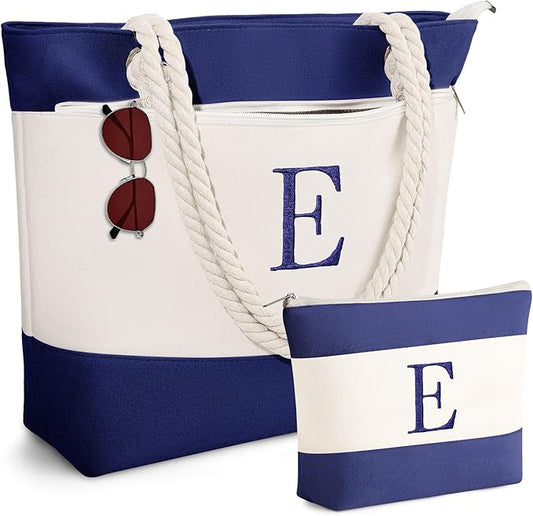 YOOLIFE Beach Bags for Women - Initial Tote Waterproof Bag with Makeup Bag, Mothers Day Gifts for Women Mom Friend Birthday