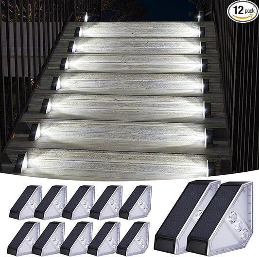 KINKAI 12 Pack Solar Stair Lights, Outdoor Step Light Waterproof Deck Lighting for Outside Garden Front Door Porch Yard Patio Decor (White Light)