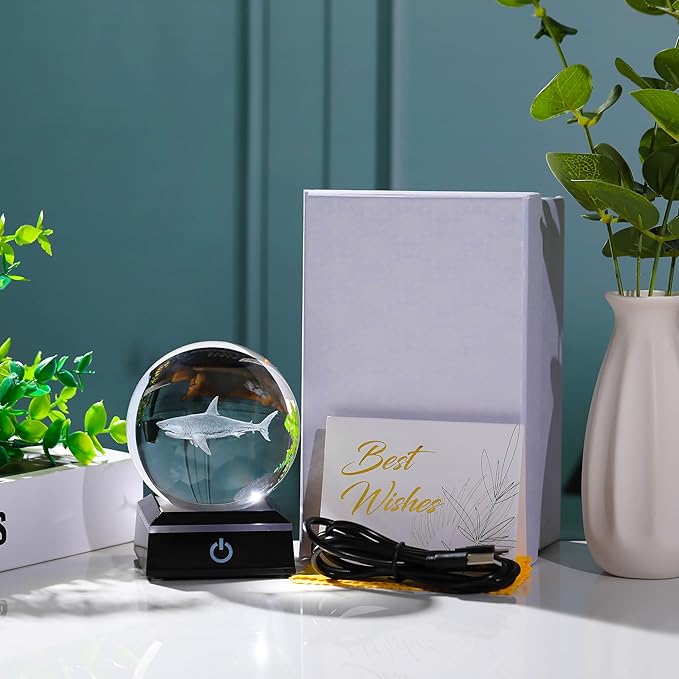 Shark Gifts for Women Men 3D Crystal Ball 3.14'' - Laser Shark Decor Glass Animals Figurines Statue Stuff for Room Night Light Shark Gifts for Mom