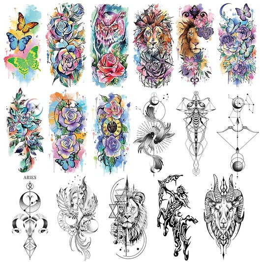 77 Temporary Tattoos for Women, Colorful Constellation Animal Flower Half Arm Fake Tattoos, Realistic Planet Lion Butterfly Rose Peony Tattoo Design