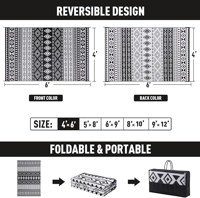 WILDROOTS 8x10 Feet Black and White Plastic Outdoor Rug, Stain Resistant Waterproof Reversible Outdoor Patio Rug, Fade Resistant Camping Rug