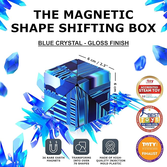 SHASHIBO Shape Shifting Box - Award-Winning Fidget Toy w/ 36 Rare Earth Magnets - Fidget Cube Transforms Into Over 70 Shapes, Sensory Toy Gift for Kids, Teens, and Adults (Blue Crystal)