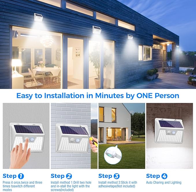 Peasur Solar Powered Lights Outdoor Motion Sensor, 2 Pack 140 LED Fence Light Waterproof, White Frame Security Wall Lighting for Outside Deck Yard Patio House Step