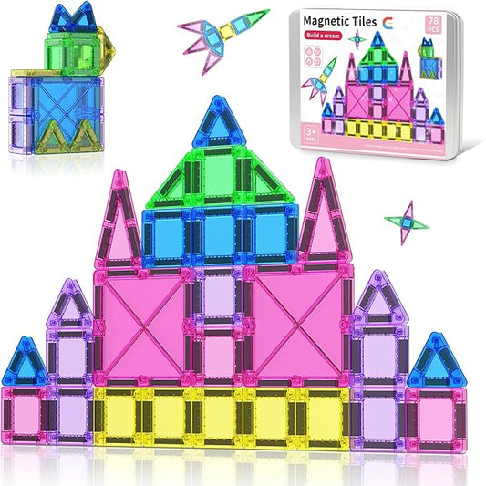 78PCS Magnetic Tiles Mini Travel Kids Set, Learning Sensory Toys，Preschool Classroom Magnetic Blocks Building Kids Toys & Games, for 3-8 Year Boys Girls Birthday Gift