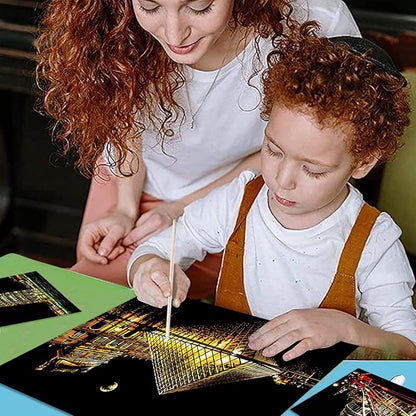 Georgie Porgy Scratch Paper Art A3 Set DIY Arts and Crafts Kits for Kids Adults, Magic Rainbow Scratch Postcard for Christmas Birthday Gift with Scratching Tools Kit (Paris + Louvre)