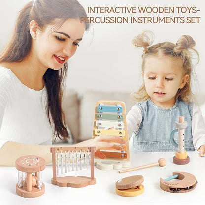 Promise Babe Wooden Xylophone Musical Instrument Sets Toy for Kids, Rattle Bell Montessori Cloud Toddler Music Percussion Toys, Christmas Birthday Gifts for Boys Girls 3 Year+