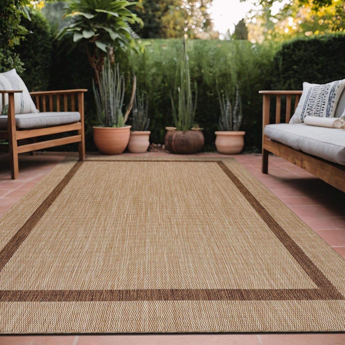 Bordered Outdoor Rug 9x12 Washable Outside Carpet for Indoor Patio Porch Waterproof Easy Cleaning Non Shedding Area Rugs Jute Beige - Nut Brown 9 x 12