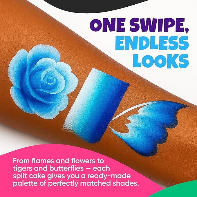 Blue Squid Face Painting Kit for Kids – Split Cake Face Paint Palette, 6 x 10g One Stroke Rainbow Colors, with Brushes & Stencils - Non-Toxic, Water Activated - Kids Party & Halloween Makeup Kit