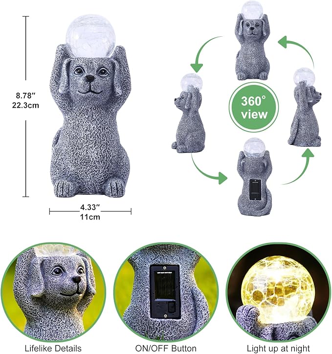 Solar Cute Dog Statue Holding Cracked Glass LED Lights – Funny Resin Dog Decor Garden Decorations for Patio,Balcony,Yard,Birthday Gifts for Women Mom