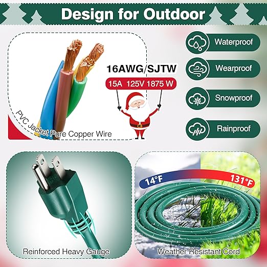 Feekoon 40 FT Extension Cord Splitter with Timer and 3 Outlet Plug, 16awg SJTW Outdoor Extension Cord with Multi Outlet Safety Cover for Holiday Lights Garden Patio Christmas Outdoor Decorations