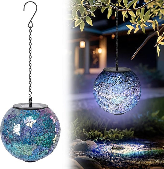 VCUTEKA Solar Chandelier Outdoor, Hanging Mosaic Solar Lights with Hook Up, Solar Garden Lantern Decor for Yard, Deck and Patio, Blue