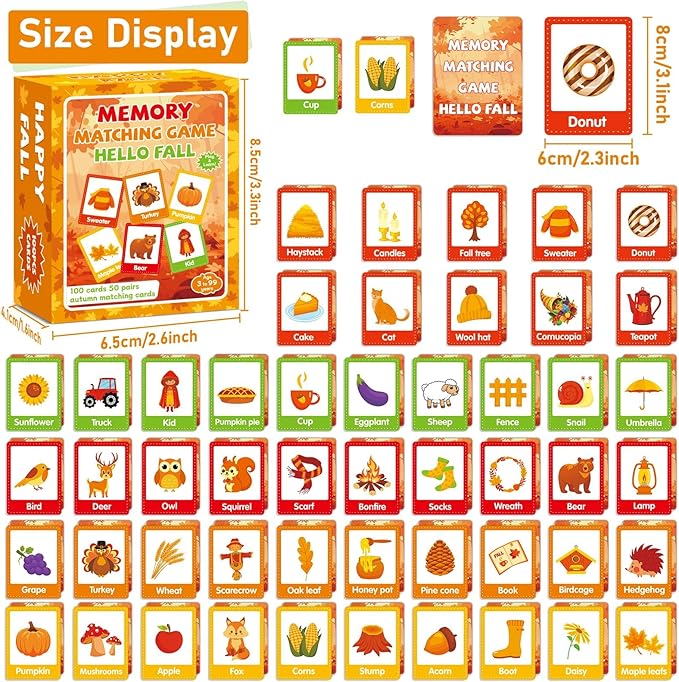 gisgfim 50 Pairs Fall Memory Matching Game Thanksgiving Happy Fall Concentration Memory Games for Kids Educational Ages 3-8 A Fun & Fast Autumn Theme Memory Matching Games