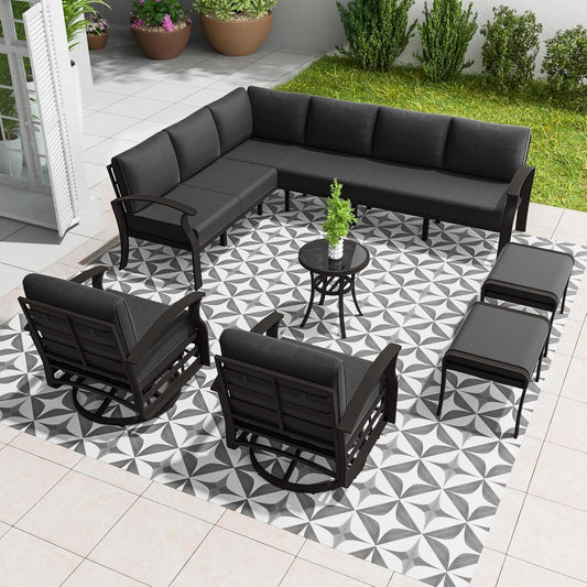 Aluminum Patio Furniture Set, 10 Seats Outdoor Patio Conversation Set with Swivel Chair Modern Metal Patio Sectional Sofa with Coffee Table for Patio, Backyard(Dark Grey).