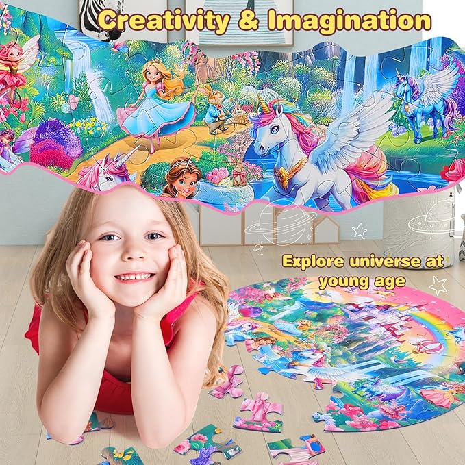 Civaner 70 Pieces Floor Puzzles for Kids Large Puzzles for Kids Ages 3 4 5 6 7 8 Jigsaw Puzzle Educational Puzzle Toy Gifts for Toddlers Boys Girls Baby Shower Birthday(Unicorn)
