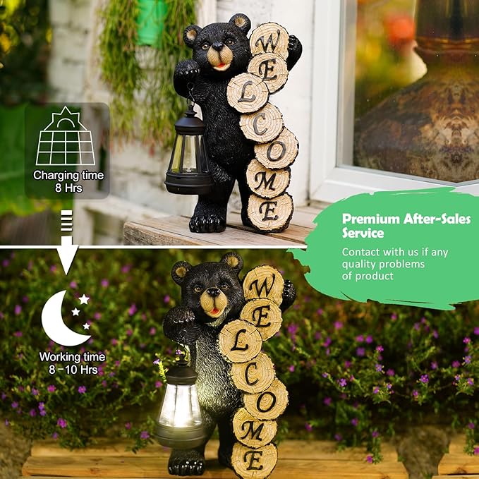 Garden Decor Solar Statues: Mothers Day Gifts for Mom Grandma Birthdays for Women Sister Wife Lady - Front Patio Balcony Yard Art Lawn Ornaments Porch Outdoor Outside Decorations (Bear)