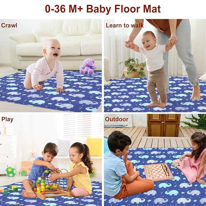 Baby Floor Play Mat Foldable Crawling Mat, 50x50 Play Mat for Playpen, Washable Non Slip One-Piece Playmats Portable, Cushioned Baby Tummy Time Mats for Infants and Toddlers (Blue Elephant)