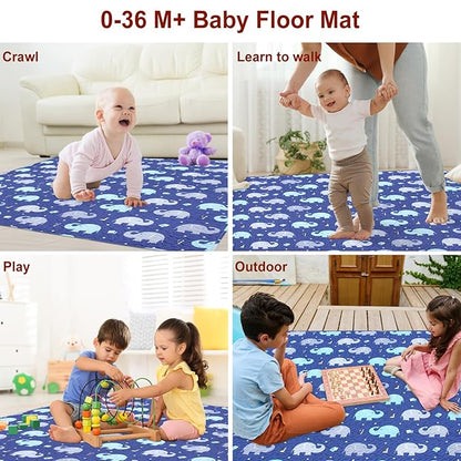 Baby Floor Play Mat Foldable Crawling Mat, 50x50 Play Mat for Playpen, Washable Non Slip One-Piece Playmats Portable, Cushioned Baby Tummy Time Mats for Infants and Toddlers (Blue Elephant)
