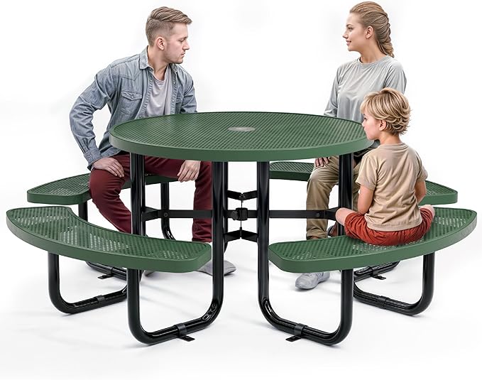 Metal Picnic Tables for Outdoors with Umbrella Hole - Coated Steel Heavy Duty Commercial Grade Table with Adjustable Seats (Green, 46 in, Round, Punched Steel)