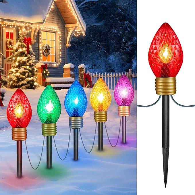 Moonflor Strawberry Jumbo C9 Christmas Pathway Lights Outdoor - 8.5 Feet 5 LED C9 Christmas Lights,C7 Lights Covered Jumbo Multicolor Christmas Lights Outdoor Decorations for Lawn Holiday Outside Yard
