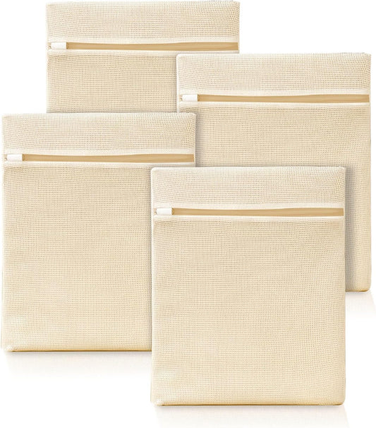 4Pcs Cotton Mesh Laundry Bags for Delicates,Breathable Mesh Garment Bag for Washing Machine,Travel Wash Bags with Zipper for Bras,Underwear,Socks,Baby Clothes,Laundry Dorm Room Essentials(M)