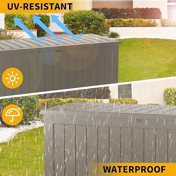 150 Gallon Resin Deck Box, Waterproof Outdoor Storage Bin for Patio Furniture, Pool Accessories, and Garden Tools, Lockable & UV-Resistant, Grey