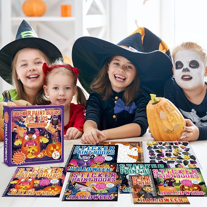 6 PCS Halloween Paint by Sticker Books for Kids Ages 4-8 Sticker by Number Books Activity Book for Kid Ages 3-5 Sticker Puzzle Book Craft Art Toddler Girl Gift with Pumpkin Ghost Monster 48 Pictures