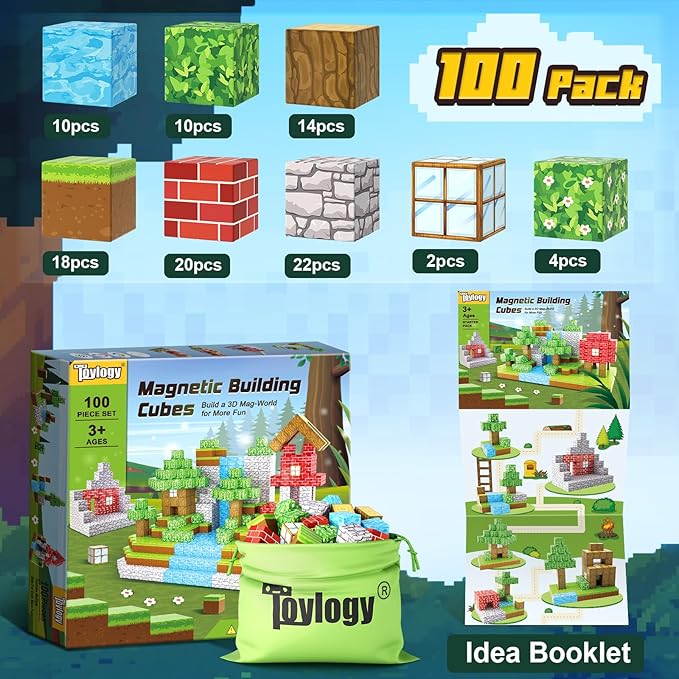 100PCS Magnetic Blocks-Build Mine Magnet World Set for Boys & Girls Age 3-5 6-8, STEM Sensory Toys for Toddlers Gifts for 3+ Years Old Girls Boys,1" Magnet Cubes Classroom Must Haves Construction Toys