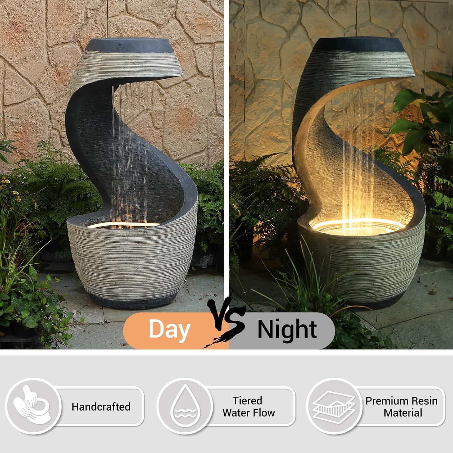 37" Tall S-Shaped Outdoor Waterfall Fountain – Rainfall Water Fountain for Garden, Patio or Backyard Decor, Floor-Standing Resin Garden Fountains Outdoor Water Feature with Flat Top for Plant Display