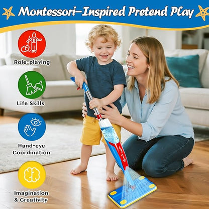 Kids Cleaning Toy Set - Toddler Cleaning Set with Real Working Kids Spray Mop, Microfiber Pads, Cloth & Scraper | Role Play Educational Toys for Boys Girls, Montessori Toddler Toys Gifts
